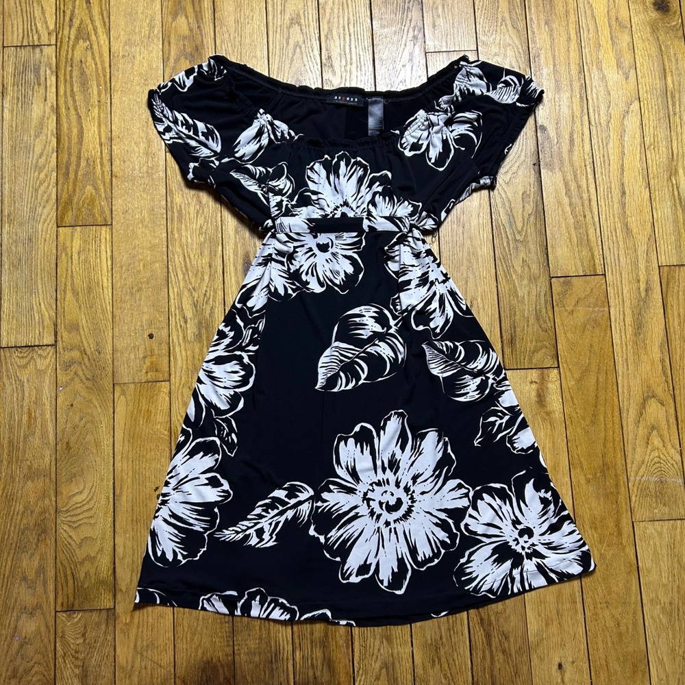 Y2K Axcess Babydoll Black White Floral Short Sleeve Dress Square Neck‎ M